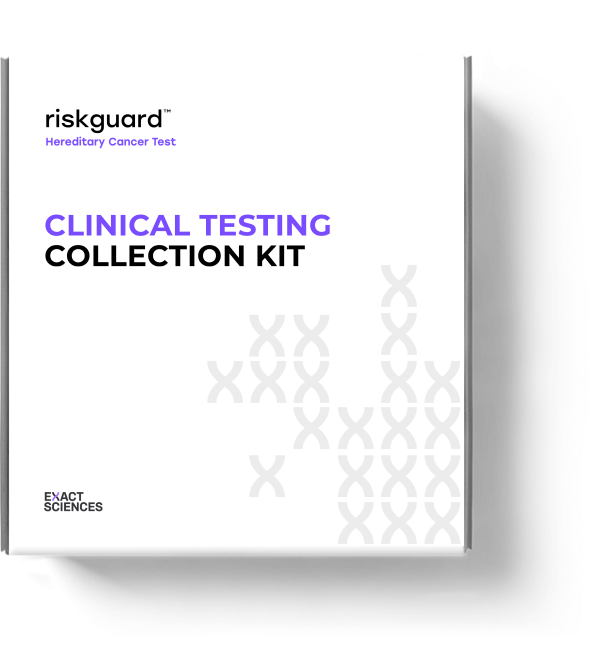 Clinical testing collection kit box with the Riskguard(TM) Hereditary Cancer Test and Exact Sciences logos on the cover.