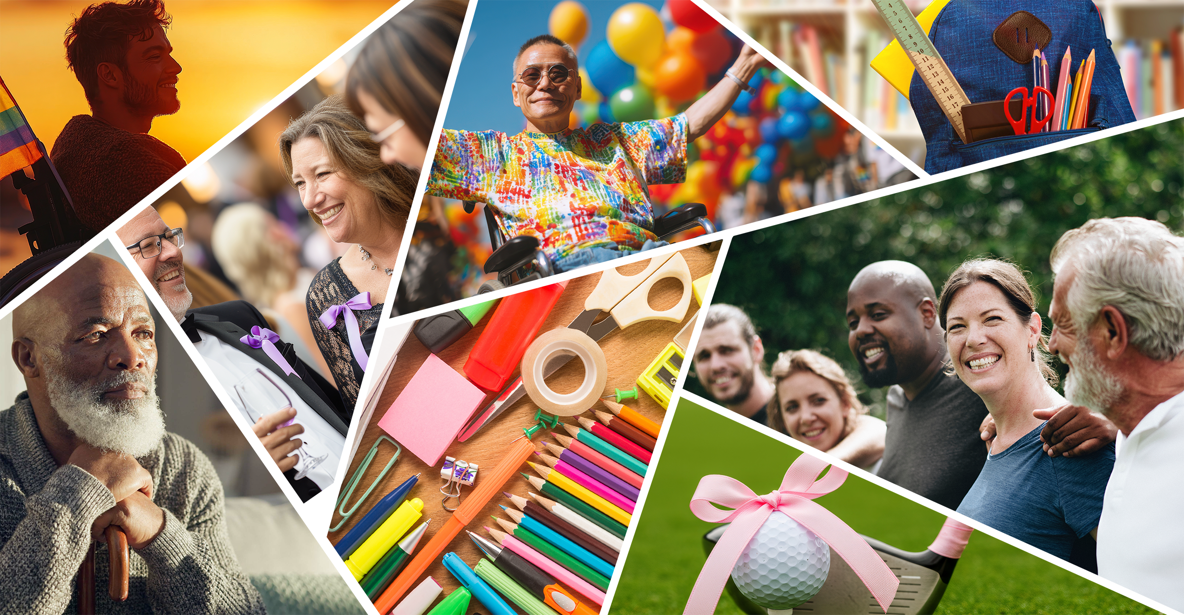 A collage of diverse people of different ages smiling, celebrating, shopping, and enjoying outdoor activities together.